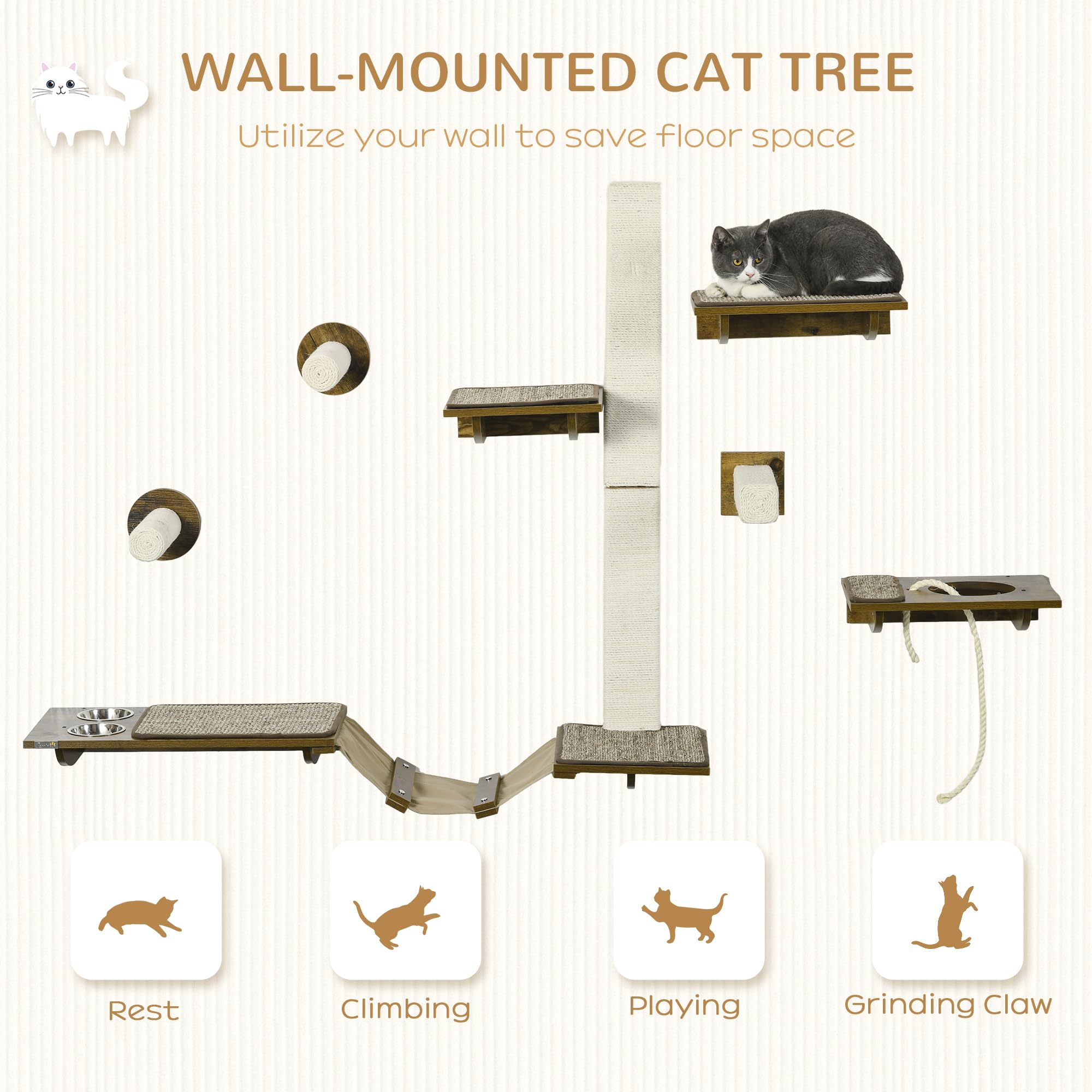 Pawhut Cat Wall Shelves - 8 Piece Wall Mounted Cat Furniture With Perches, Scratching Posts, Ladder, Feeder Bowls - Brown